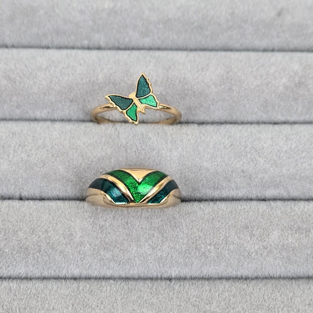 Avon Vintage Green Enamel Gold-tone Ring Bundle ~ Vintage Avon Rings